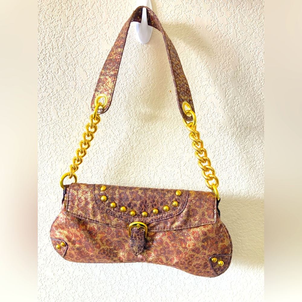 👑🐝 Brown and gold shimmery fish scale/animal print small shoulder bag.